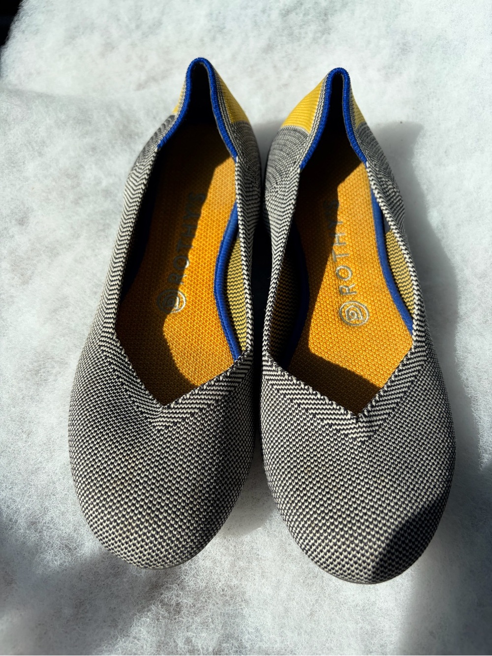 Rothy's Gray Knit Flats with Yellow Insole and Blue Trim